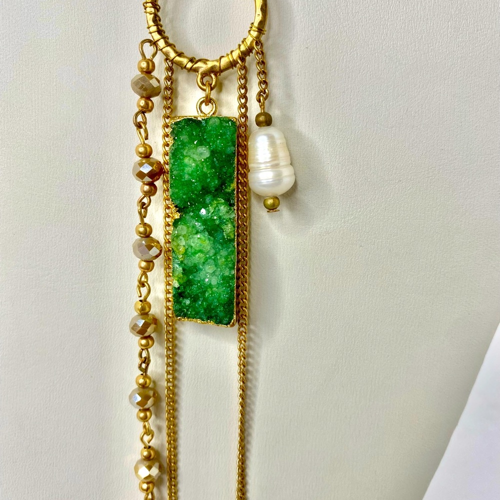24 inch gold necklace with a natural green geode